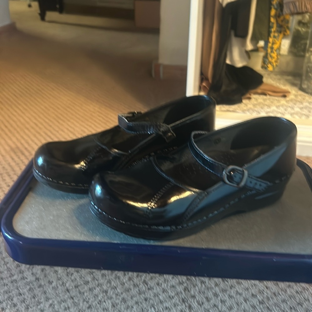 Sanita’s Mary Jane one to one and a half inch heel, black patten  size 39